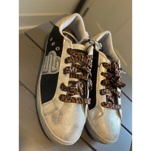 NEW Justice glitter leopard black and silver and gold Court Sneaker, Size 4 girl